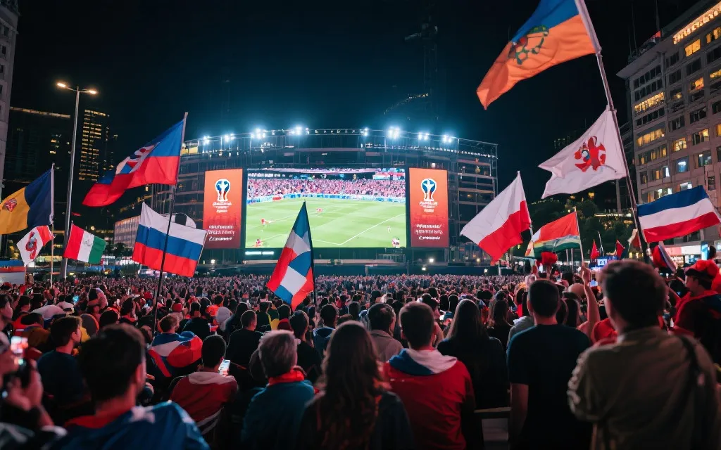 多国球迷在城市广场与球场外共同观看世界杯揭幕战的场景